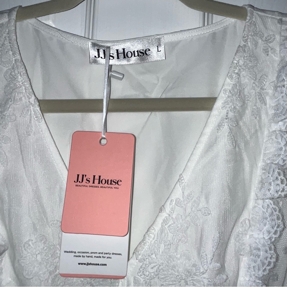 JJ's House Flower Ruffle V-Neck A-line Lace Maxi Dress #‎ 288443 White Large NEW - Picture 3 of 14